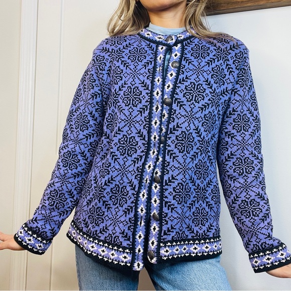 Sweaters - L.L Bean 100% Cotton Black and Purple Button Up Thick Sweater Cardigan snowflake